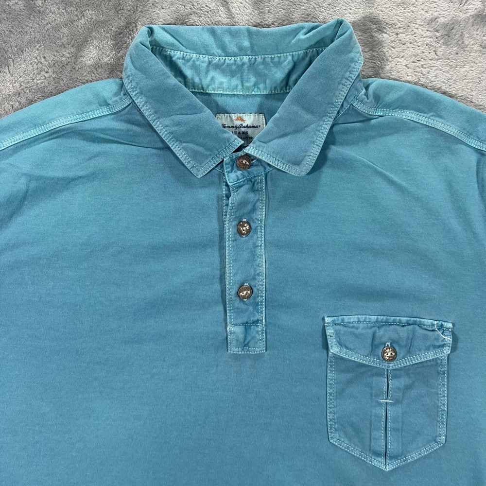 TOMMY BAHAMA Polo Shirt Mens Large Blue Cotton Tencel Island Crafted Pocket Flaw
